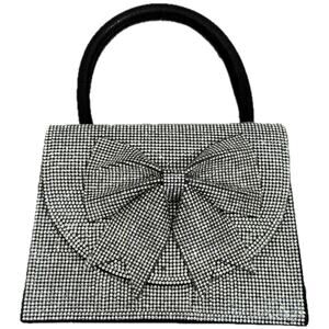 Bow Decor Front Rhinestone Bling Ladies Small Handbag Evening Bag Black Formal